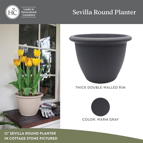 The HC Companies Sevilla Flower Planters - Durable Outdoor & Indoor Planter - Round Lightweight Self Watering Plant Pots for Herbs & More (14" Warm Gray, Pack of 1) - Image 2