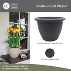 The HC Companies Sevilla Flower Planters - Durable Outdoor & Indoor Planter - Round Lightweight Self Watering Plant Pots for Herbs & More (14" Warm Gray, Pack of 1) - Image 2