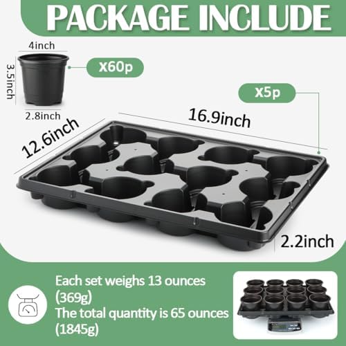 RooTrimmer 4 Inch Plastic Plant Pots 60 Pcs and 12 Cell Nursery Pots Trays 5 Pcs, Thick Sturdy Seeds Starting Germination Shuttle Carrying Trays, Black Small Planter Nursery Propagation 5 Sets - Image 2