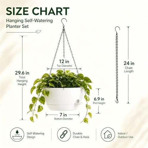12 Inch Self Watering Hanging Planters 2 Pack, White - Image 3