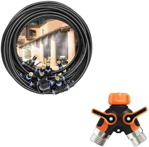 Misting for Outside Patio, 50FT Misters Hose + Hose Splitter 2 Way Heavy Duty. Outdoor Water Mister Cooling System, Backyard Mist Hose Kit for Garden,Greenhouse,Fan,Deck,Umbrella.Trampoline Sprinkler by POCKETPANDA