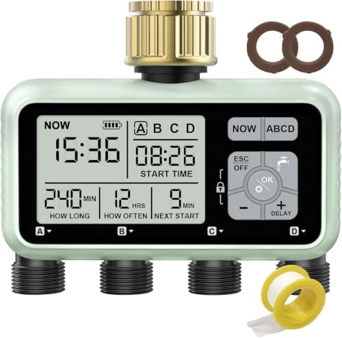 Watering Timer 4 Zone with with Brass Inlet, Sprinkler Timer 4 Outlet by Johgee