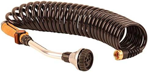 Hose Kit: 3/8" ID x 25' HP Quality Coiled Hose (Charcoal Gray) with Cork Handle 8-Pattern Watering Wand by OlmstedForgeGardenTools
