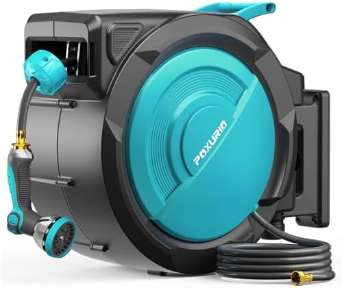 1/2" 160FT Retractable Garden Hose Reel - POXURIO Heavy Duty Automatic Wall Mounted Hose Reel Upgraded UV Resistant, 3/4" Brass Fitting, 10 Pattern Nozzle, 180° Swivel&Any Length Lock Slow Retraction by POXURIO