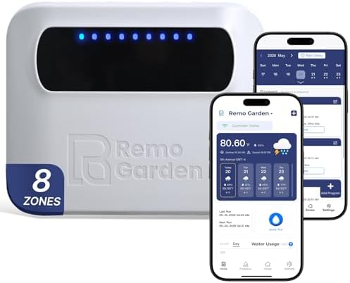 Indoor Smart Sprinkler Controller 8 Zone, WiFi Automatic Irrigation Timer, Easy-Use App Remote Control, Flexible Programs, Save Water via Rain, Wind&Freeze Skip,Quick Install, with Alexa by RemoGarden