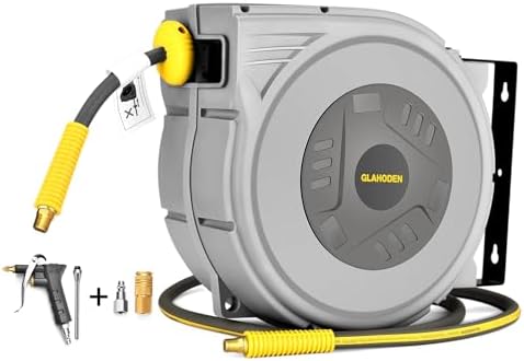 GLAHODEN Enclosed Retractable Air Hose Reel, 3/8 in x 80 Ft Hybrid Hose Air Compressor Hose Reel with 6 Ft Lead in Max 300 PSI Patented Design for Any Length Lock 180°Swivel Bracket Quick Coupler by GLAHODENDreamingHouse