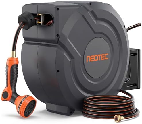 Upgraded Retractable Garden Hose Reel 1/2 inch x 155 ft Any Length Lock 9 Pattern Nozzle Wall-Mounted Automatic Slow Return 180° Swivel UV Resistant Heavy Duty Hose Reels for Outside by NEO-TEC