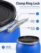 Plastic Drum with Lid and Metal Clamp Ring, Wide Mouth Water Storage Barrel - Image 6
