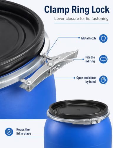 Plastic Drum with Lid and Metal Clamp Ring, Wide Mouth Water Storage Barrel - Image 6