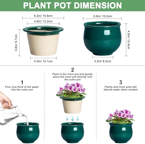 6 Inch Self Watering Plant Pots, Ceramic African Violet Pot with Absorbent Inner Pot, Easy Self Watering Pots for Indoor Plants, Ceramic Planter, Room Decor, Plant Lover Gifts, Blackish Green - Image 2