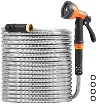 Happybuy Metal Garden Hose 75 ft, Rust Proof Stainless Steel Water Hose, Heavy Duty Backyard Hose with 10 Function Nozzle, No-Kink & Flexible Water Pipe, Lightweight Metal Hose for Yard by Happybuy