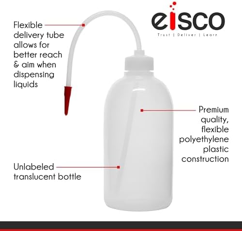 EISCO Wash Bottle, 1000ml - Polyethylene - Translucent, Unbreakable - Screw Cap with Flexible Delivery Tube for Dispensing Liquid - Includes Tube Cap (Pack of 2) - Image 5