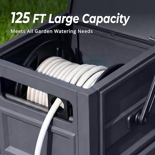 Garden Hose Reel Hideaway, Heavy Duty Metal Hose Reel Box Holds 125FT x 5/8" Hose, Steel Hose Storage Box with Manual Crank, Hose Guide and Leak-Proof Aluminum Connections, Stable 4-Leg Base - Image 4