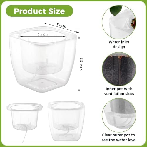 6-Pack 7 Inches Clear Self Watering Planters for Indoor Plants Large African Violet Plant Pots Plastic Wick Flower Pots with Water Injection Hole, Orchid Plant Pot Set, Clear - Image 3