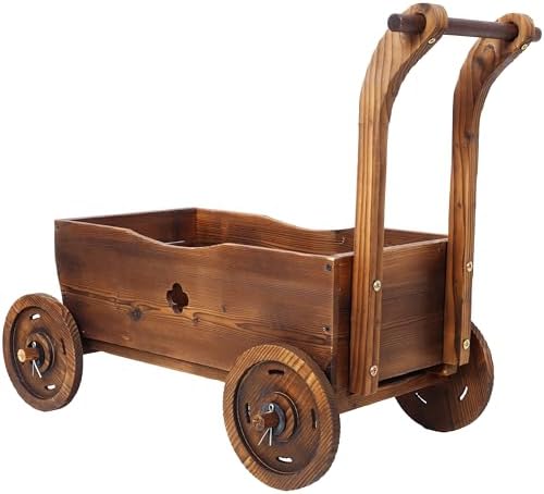 Wooden Wagon Planter with Wheels and Handle, 26.5 Inch, Brown - Image 6