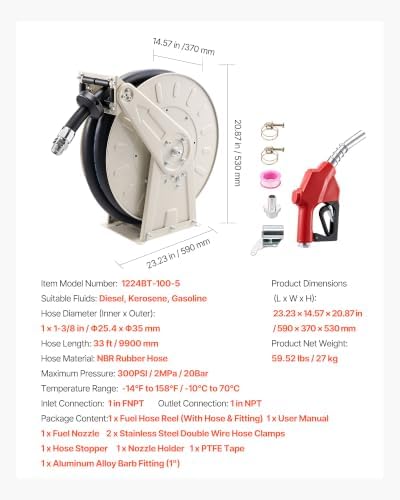 VEVOR Fuel Hose Reel, 1" x 33', Extra Long Retractable Diesel Hose Reel, Heavy-Duty Carbon Steel Construction with Automatic Fuel Nozzle, NBR Rubber Hose for Aircraft Ship Vehicle Tank Truck, 300 PSI - Image 7