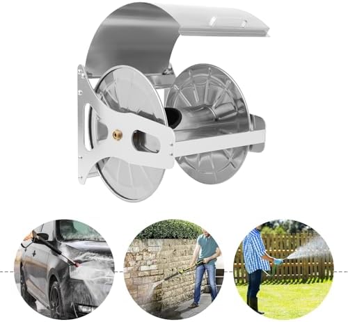 164.04 Feet Garden Hose Reel, 0.63" Wall-mounted Stainless Steel Hose Holder with 360° Rotation Handle & Storage Shelf - Image 2