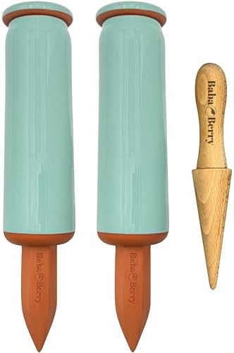 Terracotta Watering Spikes 2 Pack 17.5oz Capacity Plant Watering Devices Self Watering Spikes Large Plant Watering Globes Self Watering Planter Insert AcquaTerra with Root Dibber Installer by Unknown