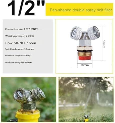 1/2"（DN15） Brass Mist Nozzle Thread Mist Nozzle for Lifting Garden Bed Backyard Outdoor Cooling System（Pack of 5） Fan-Shaped Double Spray Belt Filter 5pcs - Image 4