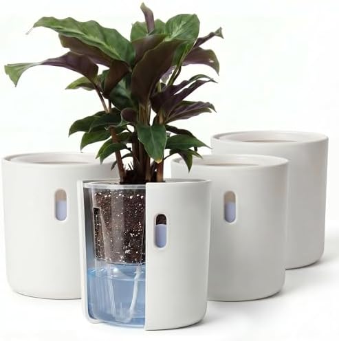 Self Watering Planters, 4 Inch Pot with Water Reservoir, Nylon Wick & Clear Inner Pot, Bottom Water System | Self Watering Pots for Indoor & Covered Outdoor Plants | White | Pack of 4 by Wavyleaf