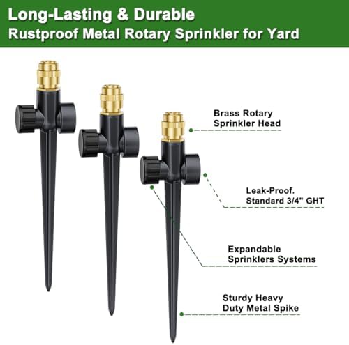 FANHAO 3-Pack Heavy-Duty Metal Lawn Sprinkler with Spike Base, 360° Adjustable Garden Water Sprinkler for Lawn Irrigation System, Large Area Coverage for Yard, Patio, Grass & Backyard - Image 4