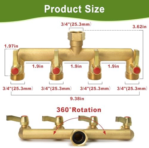 Brass Garden Hose Splitter 2/3/4 Way, Hose Splitter with Metal Shutoff Valve, Heavy Duty Outdoor Faucet and Garden Connector, Brass Extension Handle, 3/4” GHT Threads - Image 2