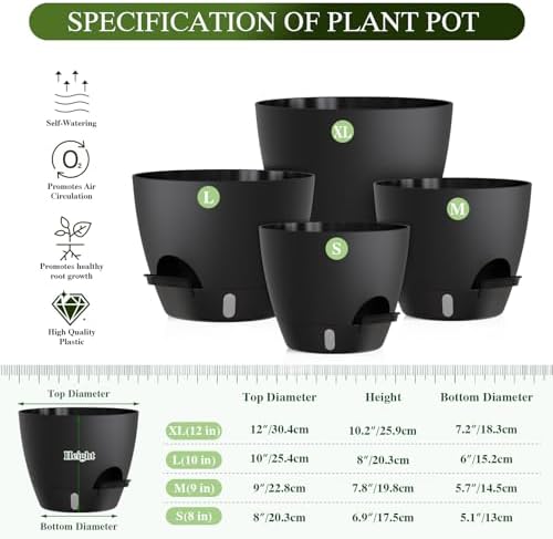Plant Pots, 4 Pack 12/10/9/8 Inch Self Watering Pots with Drainage Holes, Water Level Indicator Deep Reservoir, Large Planters for Indoor Outdoor Plants - Black - Image 2