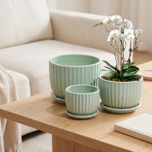 Flower Pots,Ceramic Plant Pots with Drainage Holes Set of 3（Light Green） - Image 5