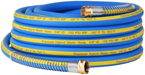 Hybrid Polymer Garden Hose 5/8 in x 50 FT, Heavy Duty Water Hose with Solid Brass GHT Fittings, Lightweight, Kink-Resistant, All-Weather, 600 PSI Burst Pressure by Unknown