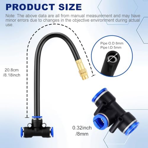 Upriver 30 Pcs Brass Misting Nozzles Tee with 8 Inch Built in Hose for 0.315"/8 mm Tubing, 360° Rotation Adjustable Water Mister Nozzle Thread Sprayer for Garden Watering System - Image 2