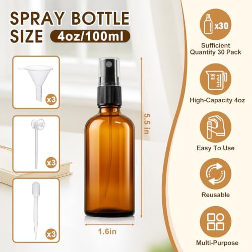 BESNEL 30 PACK 4oz Amber Glass Spray Bottles, Small, Fine Mist Refillable - Image 2