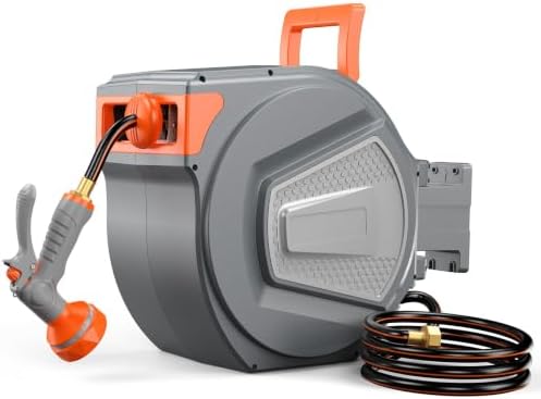 Auto Rewind Retractable Hose Reel, Wall Mounted with 180° Swivel, Multi-Function Spray Nozzle for Outdoor Watering - Image 2