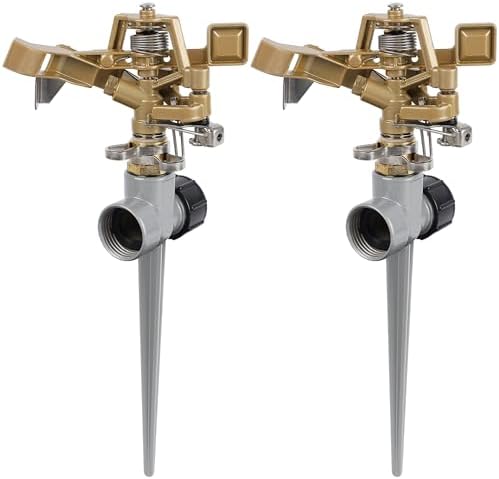 Biswing 2 Pack Impact Sprinklers with Stand (Spike), Heavy Duty Zinc Alloy Lawn Sprinkler Head on Spike Base, Adjustable Watering Sprinkler for Large Area Grass Yards Patio Garden Irrigation by Biswing