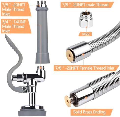 COOLWEST Commercial Pre-Rinse Hose with Sprayer 38 Inch Flexible Stainless Hose with Spray Valve Replacement Kit for Wall Mount Commercial Kitchen Sink Faucet(Grey) - Image 3