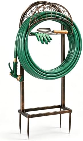 Garden Hose Holder Stand, Heavy Duty Freestanding Water Hose Holder with Storage Basket, Outdoor Hose Hanger Rack with 4 Ground Spikes, Rust Resistant Metal Hose Stand for Yard Lawn by DESIGNSCAPE3D
