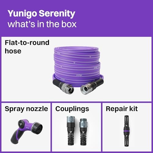 SERENITY 50ft Flat-to-Round Purple Garden Hose – Lightweight, No-Kink, Abrasion-Resistant TPV Hose with Durable Aluminum Couplings, Spray Nozzle & Hose Mender, Ideal for Home & Garden Watering - Image 3