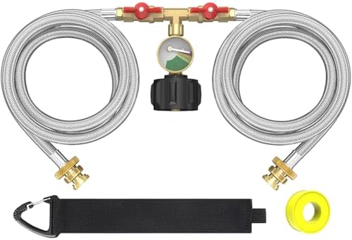 Upgraded 5FT Propane 2 Way Splitter Adapter Hose Stainless Braided Y Splitter Hose 1 lb to 20 lb Converter with Shut Off Valve with Gauge Propane Hose Adapter 1lb LP Appliances to QCC1 5-40lb Tank by GardenNow
