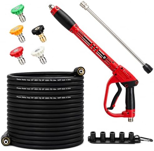 Pressure Washer Gun and Hose Kit, 50FT High Pressure Power Washer Hose with Spray Gun, Wand Extension, 5 Nozzle Tips, M22-14mm Fittings, 3600 PSI by Javneo