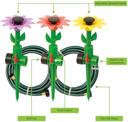 Melnor 65194AMZ Daisy Multi-Adjustable Spike Sprinkler Kit, Covers Up to 1,800 Sq. Ft., 3 Adjustable Sprinklers, 2 Included 15-Ft. Hoses, Quick Connect Bundle, Green, Orange, Pink, Yellow - Image 2