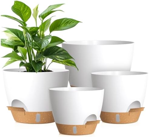 Plant Pots, 4 Pack 12/10/9/8 Inch Self Watering Pots with Drainage Holes, Water Level Indicator Deep Reservoir, Large Planters for Indoor Outdoor Plants - White Brown by KUGAZ