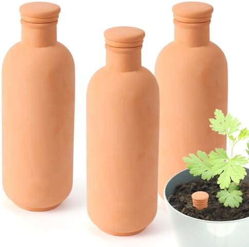 3pcs Ollas 10×3.5×3.5inch Terracotta Watering Pots Self Watering Planter Watering System 30.5oz Plant Watering Globes Clay Watering Pot with lid Terra Cotta Clay Irrigation Globes by LovelyRan
