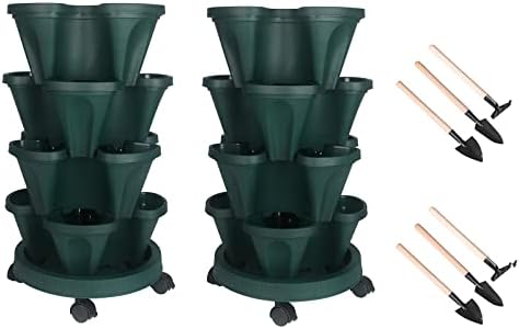 GameXcel Vertical Planter Tower - 4 Tier Stackable Garden Planters with Wheels and Tools Plant Pots for Strawberry Herb Flower and Vegetable Indoor Outdoor Use Green 2 Pack by GameXcel