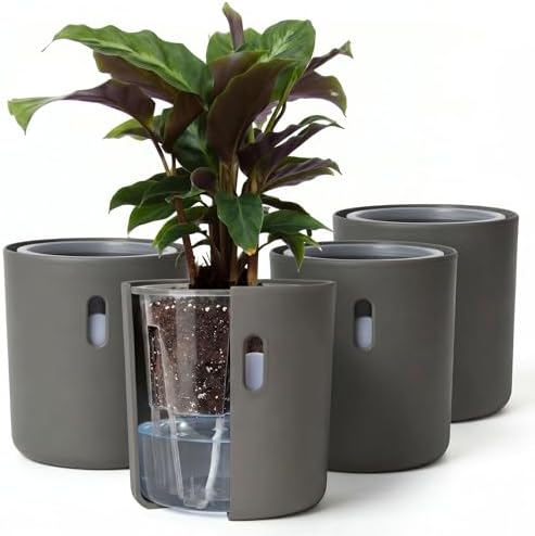 Self Watering Planters, 4 Inch Pot with Water Reservoir, Nylon Wick & Clear Inner Pot, Bottom Water System | Self Watering Pots for Indoor & Covered Outdoor Plants | Grey | Pack of 4 by Wavyleaf