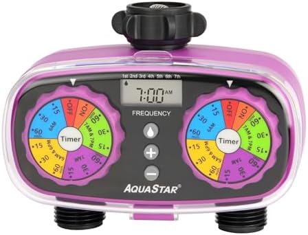 AQUASTAR Two-Zone Hose Watering Timer (Purple), Automatic Irrigation for Lawn, Garden, Yard, Two Outlets by EDEN