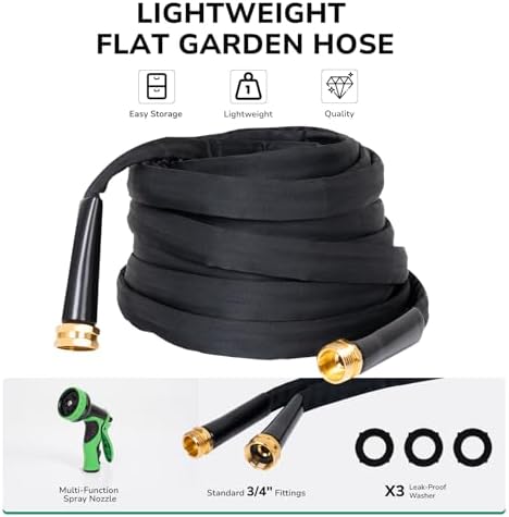 Lightweight Flat Garden Hose 50 FT, 3/4" GHT Flexible Water Hose with Spray Nozzle, Durable 800D Fabric, Kink Free Design, Portable Garden Hose for Lawn, Yard, Car Wash - Image 2
