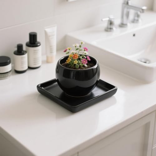 Square Ceramic Plant Saucer Tray 2 Pcs 6 7 8 Inch Black, 8" OD x6.7 ID x1.2 Deep, Sturdy Heavy Duty Glazed Planter Drip Flower pots with Catch Basin for Indoor Outdoor Plants(8" Black) - Image 3