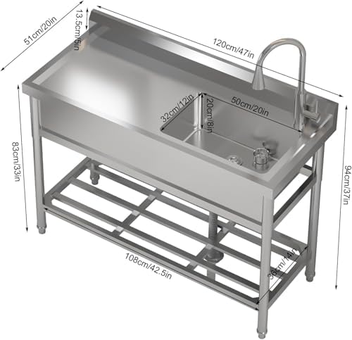 47"x37"x42.5" Stainless Steel Utility Sink, Freestanding Single Bowl with Hot & Cold Water Faucet, Commercial Kitchen Laundry Bathroom Garage Garden Sink - Image 3