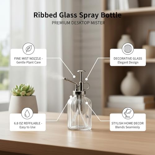 6.8 oz Ribbed Glass Spray Bottle, Fine Mist Refillable Mister for Plants & Home Decor, Clear Vertical Textured Dispenser - Image 5