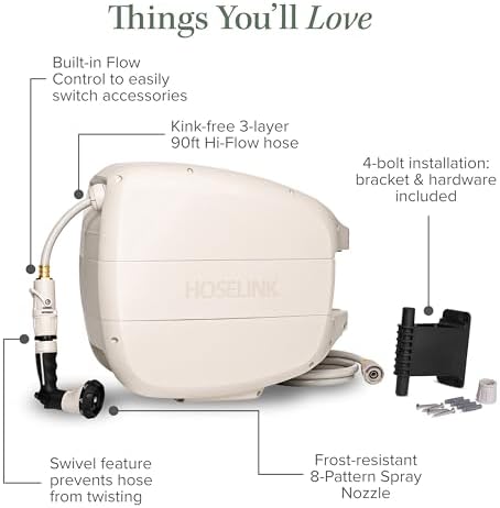 HOSELINK Evolve 90ft Hi-Flow Beige Retractable Garden Hose Reel, NEW Heavy Duty, Automatic Rewind, Lock Anywhere, 180 Degree Swivel, Wall Mounted Watering Solution for yard and outdoors (90ft Hi-Flow) - Image 6