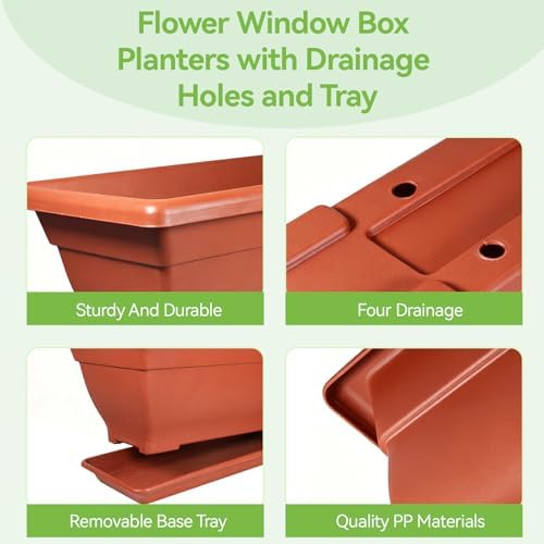 4 Pcs 31 inch Window Box Planter, Large Rectangular Plastic Flower Pot with Tray, Suitable for Indoor & Outdoor Gardens, Balcony and Home Decor (4) - Image 3